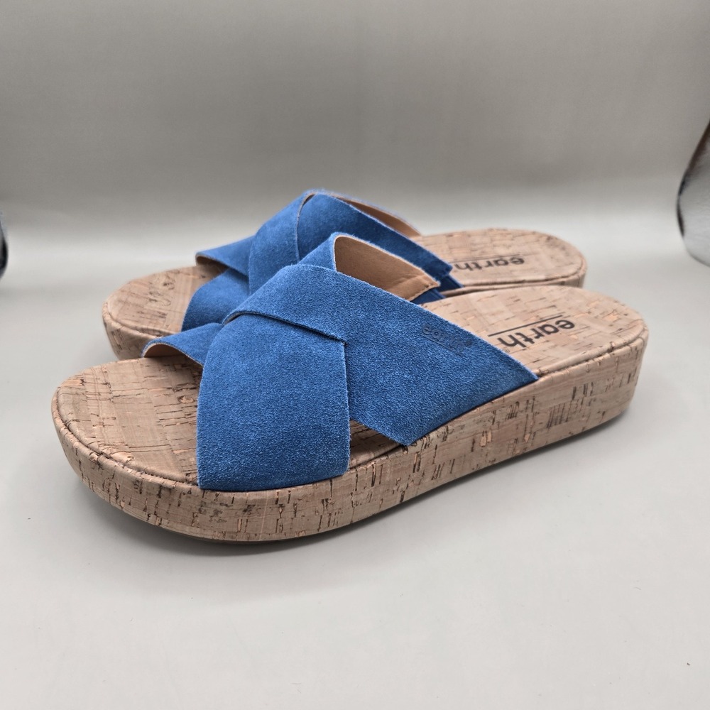 Earth Scout Blue Suede Slip On 8.5 M Sandals Cork Chunky Comfort Boho‎ Minimal